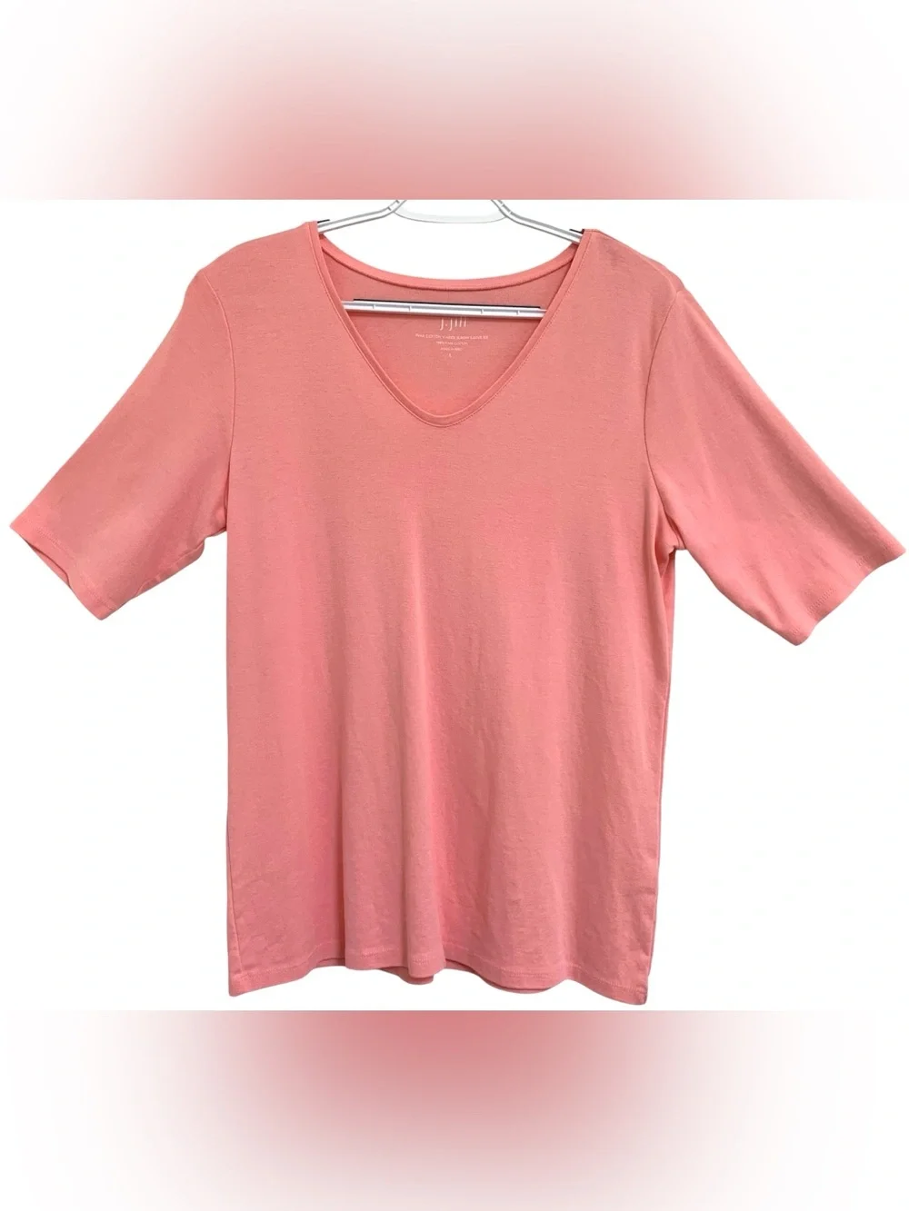 J. Jill Pima Cotton V-Neck Elbow Sleeve Straight Hem Pink Tee Shirt Sz L Casual - Picture 1 of 11